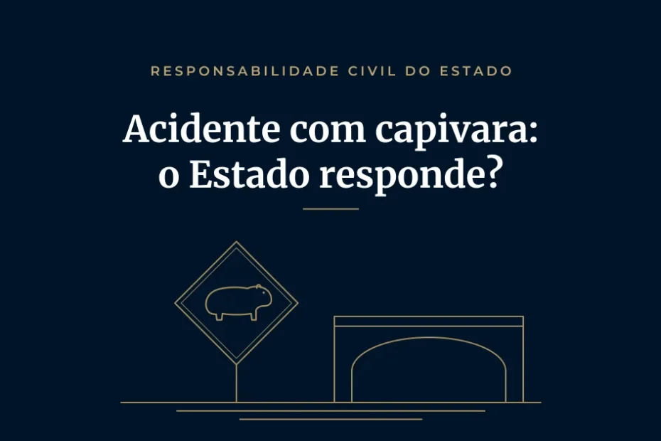 Ilustração em traço dourado de uma placa de advertência com uma capivara ao lado da entrada de um túnel